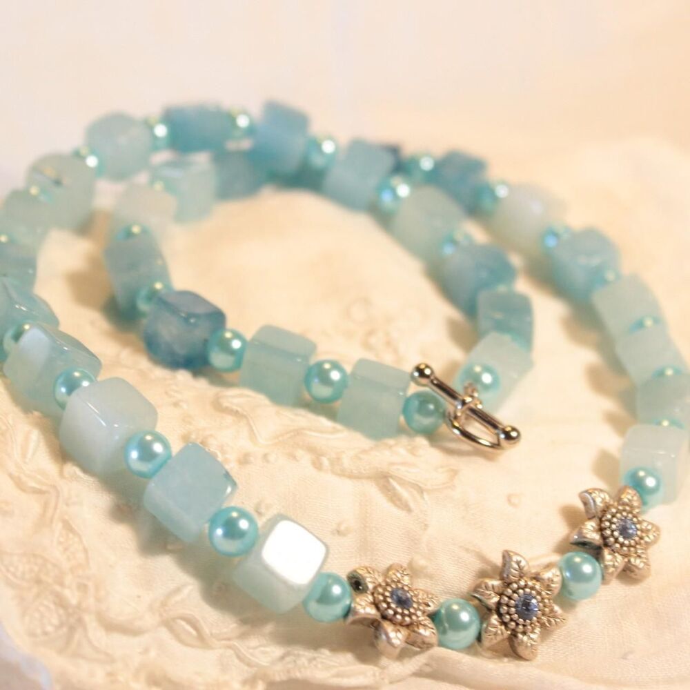 Fairycore Handmade Pastel Blue Cubic Beaded Floral Necklace